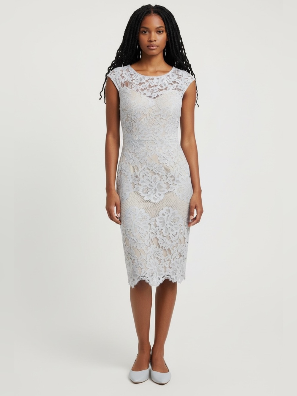 le chateau Light Gray Lace Midi Sheath Dress